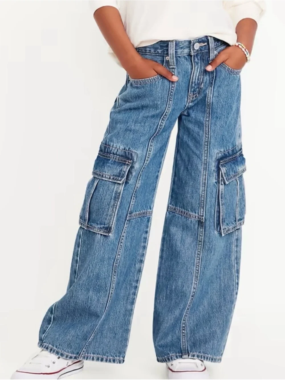 Old Navy High Rise Super Baggy Wide Leg Cargo Blue Denim Jeans Girls Size 16